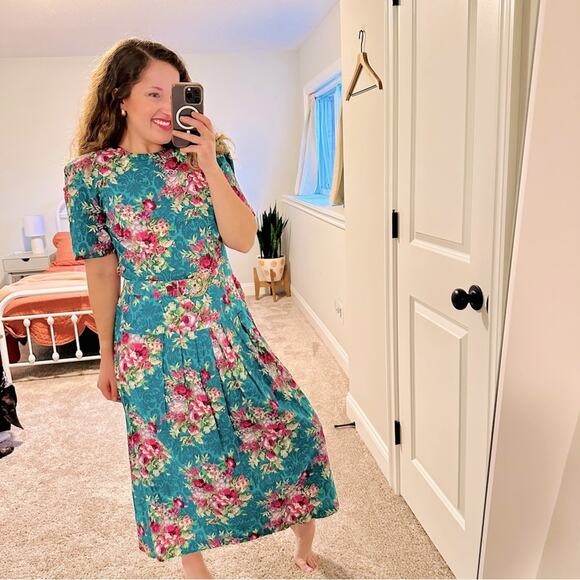 Vintage Jessica Howard Blue Pink Floral Maxi Dress Medium - Picture 1 of 11